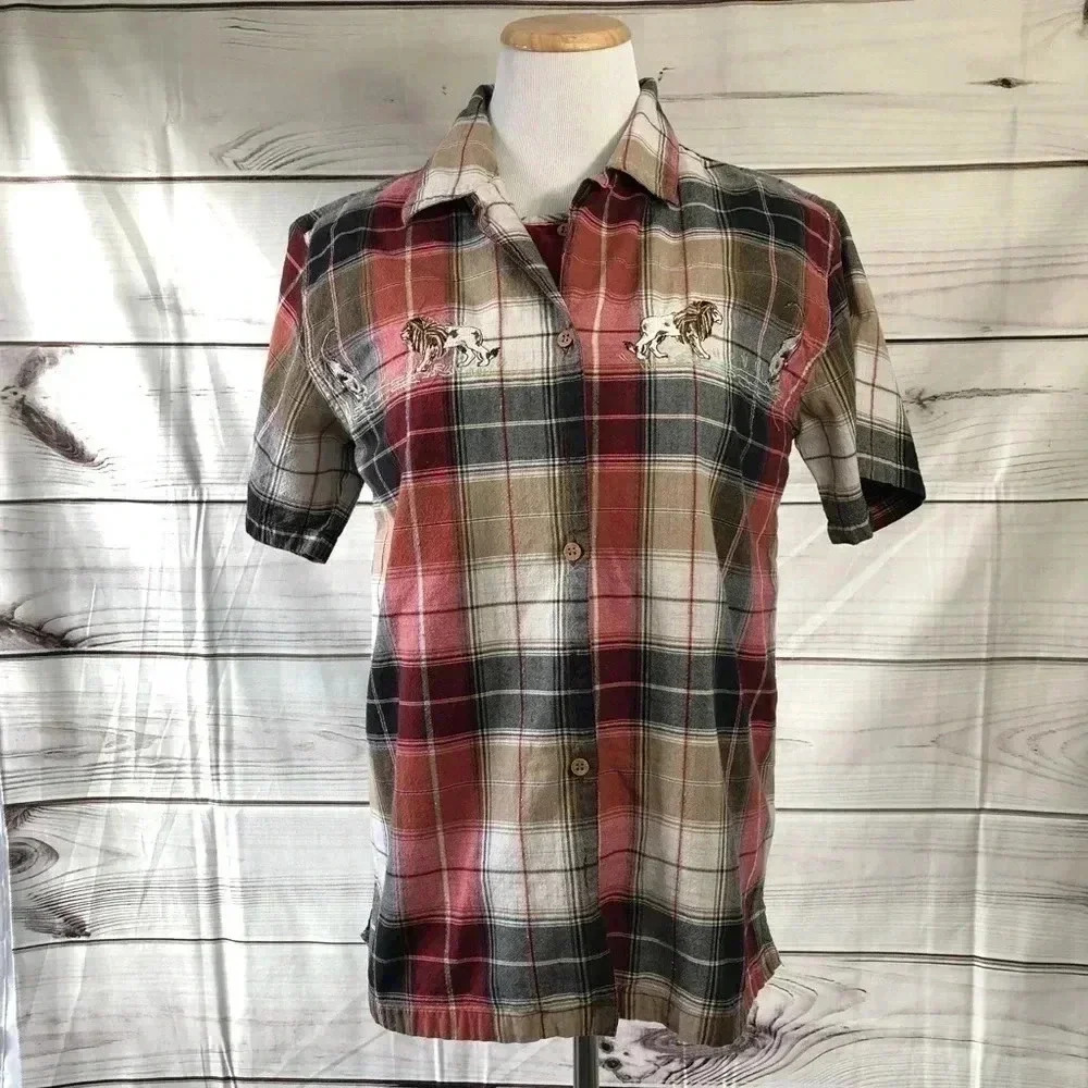 Bobbie Brooks Shirt Women M Berry Plaid Lion Embroidered 2-in-1 BB2T117A